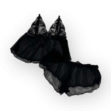 Flatlay black lace lingerie set on a white background