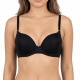 Woman wearing a black bra and panties set on a white background