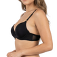 Woman wearing a black bra and panties set on a white background
