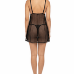 Black sheer nightgown worn by a model on a white background