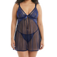 Woman wearing a navy blue lace nightgown on a white background