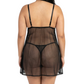 Person wearing a sheer black nightgown on a white background