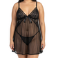 Woman wearing a black lace lingerie set on a white background