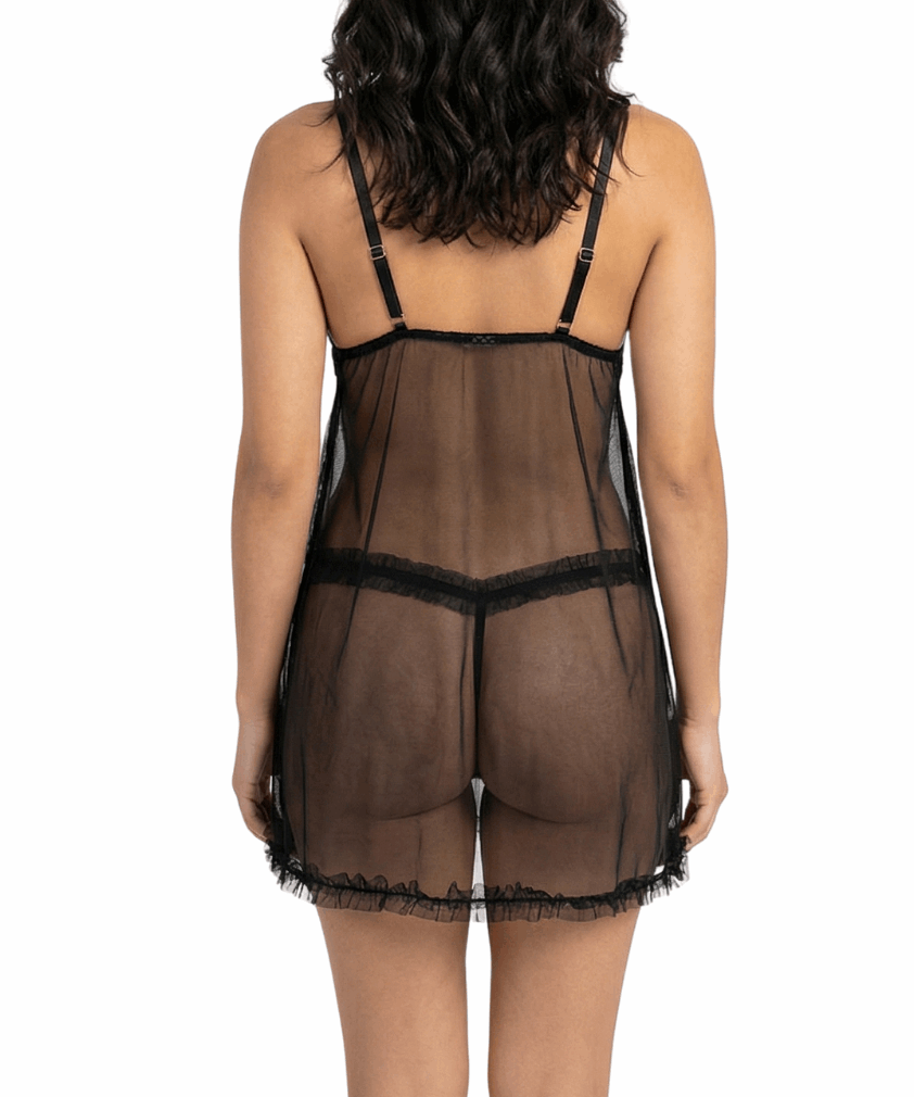 Black lace lingerie set on a white background