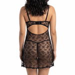 Black lace lingerie set worn by a model on a white background