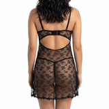 Black lace lingerie set worn by a model on a white background
