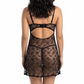 Black lace lingerie set worn by a model on a white background