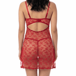 Red lace lingerie set worn by a model on a white background