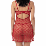 Red lace lingerie set worn by a model on a white background