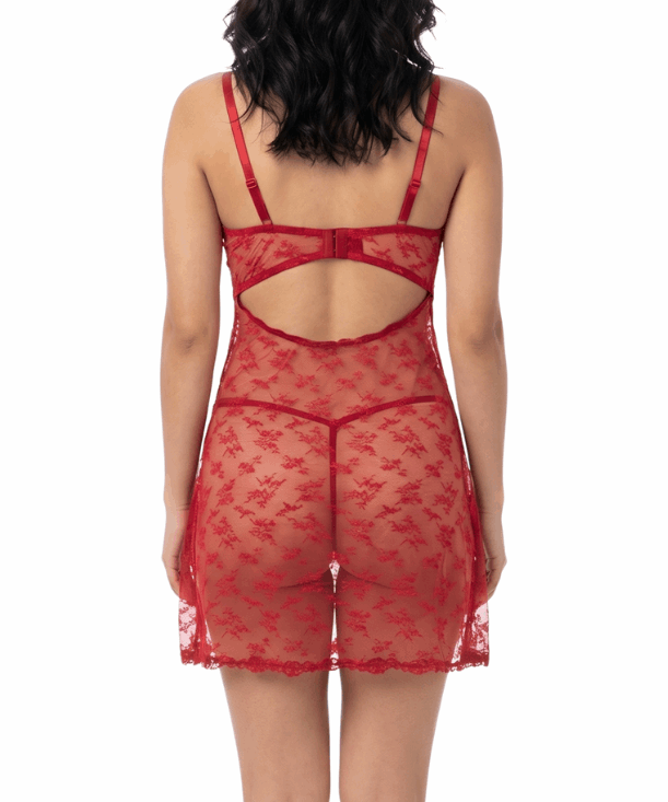 Red lace lingerie set worn by a model on a white background
