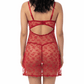 Red lace lingerie set worn by a model on a white background