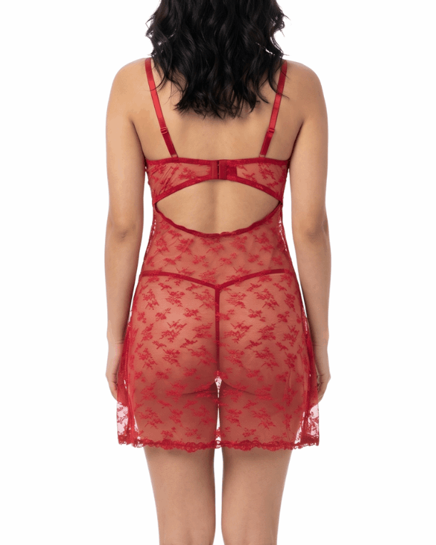 Red lace lingerie set worn by a model on a white background