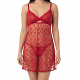 Woman wearing a red lace nightgown on a white background
