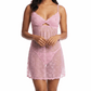 Woman wearing a pink lace nightgown on a white background