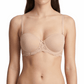 Woman wearing a beige bra and panties set on a white background