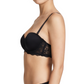 Woman wearing a black bra on a white background