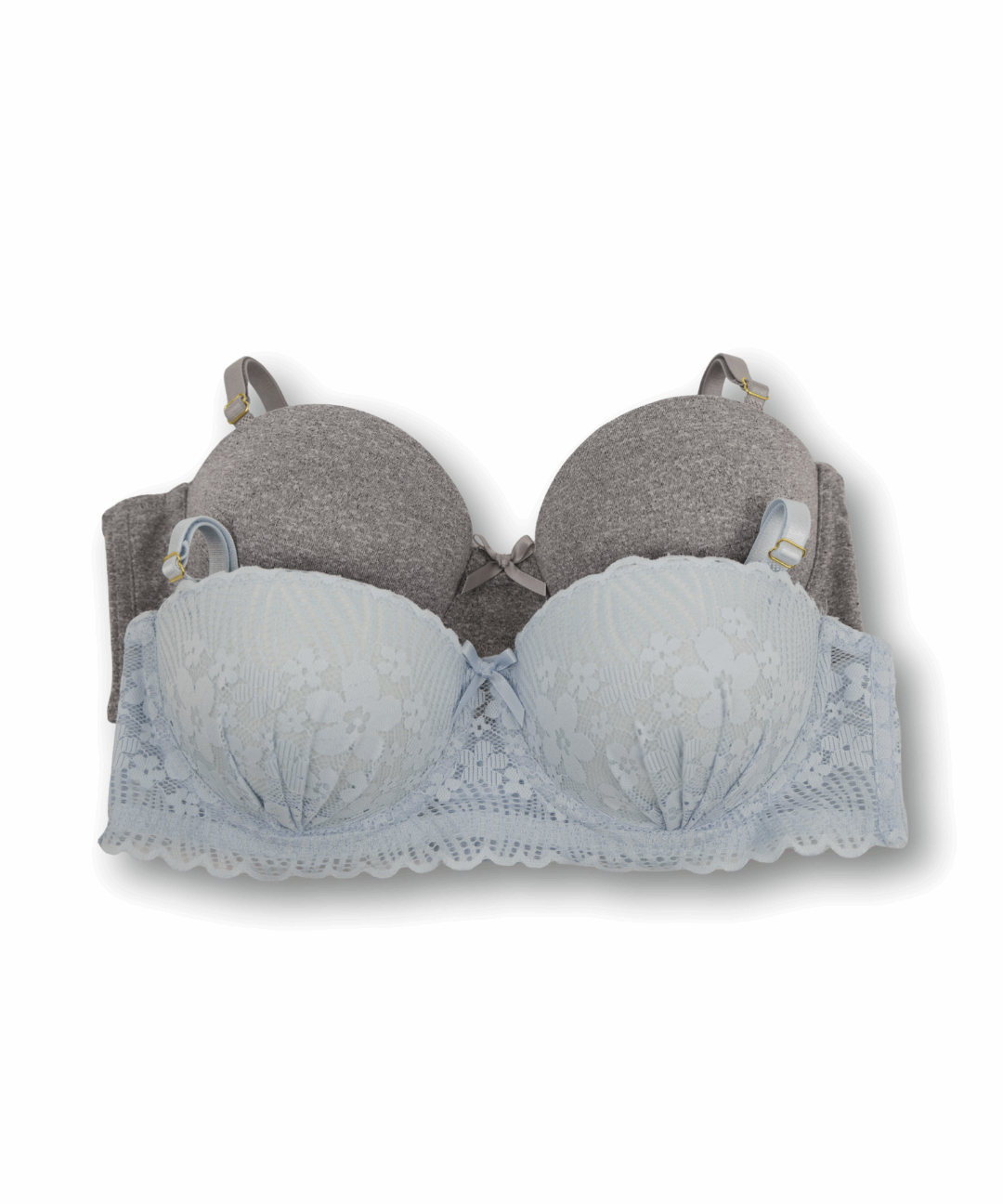Baby blue and gray bra with lace trim on a white background