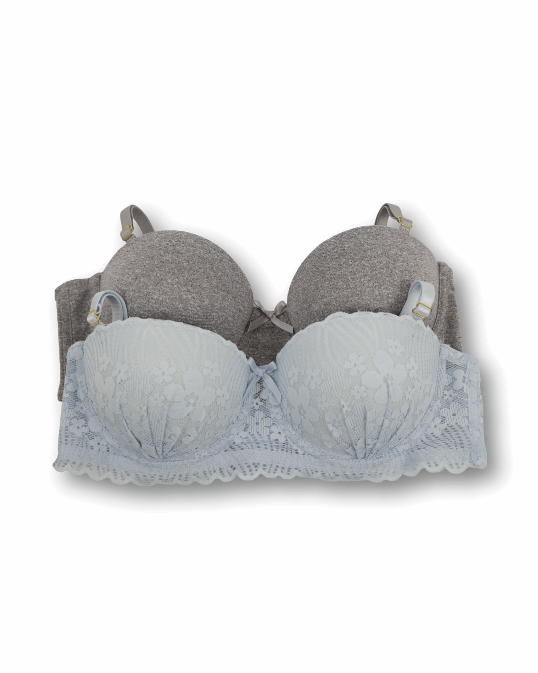Baby blue and gray bra with lace trim on a white background