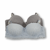 Baby blue and gray bra with lace trim on a white background