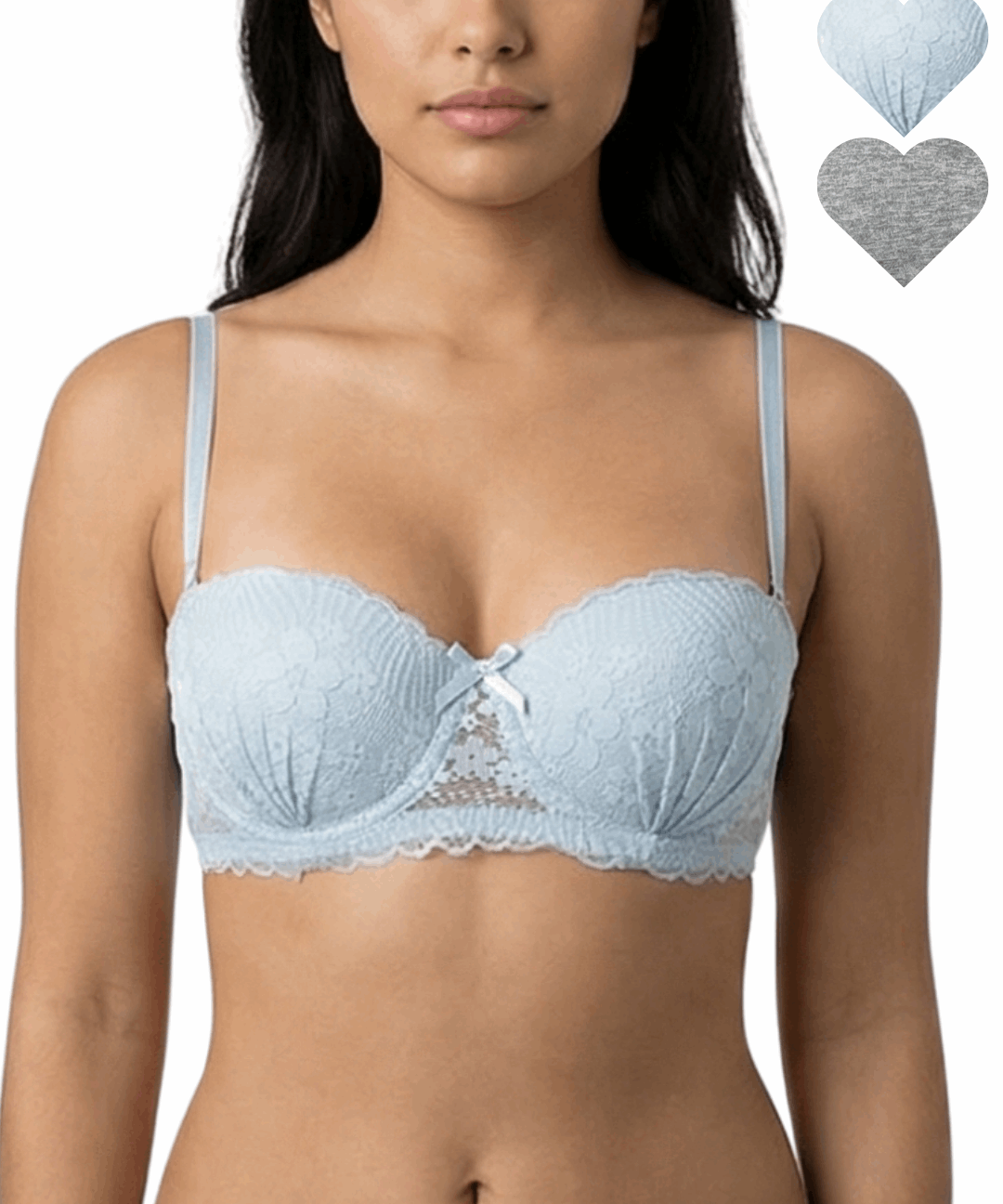 Light blue bra worn by a model with heart-shaped insets showing color options.