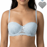 Light blue bra worn by a model with heart-shaped insets showing color options.