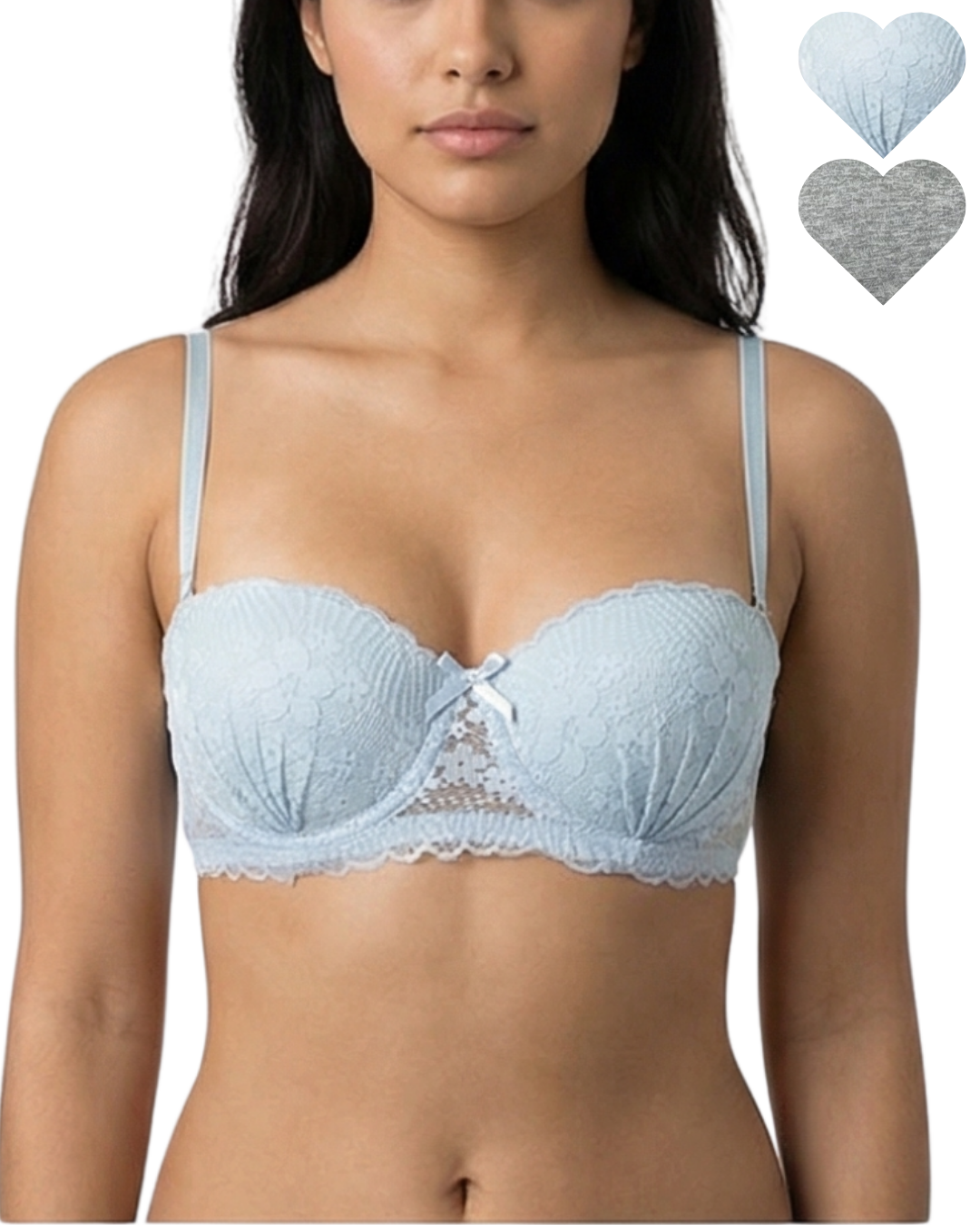 Light blue bra worn by a model with heart-shaped insets showing color options.