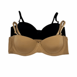 Beige bra with black underwire on a white background