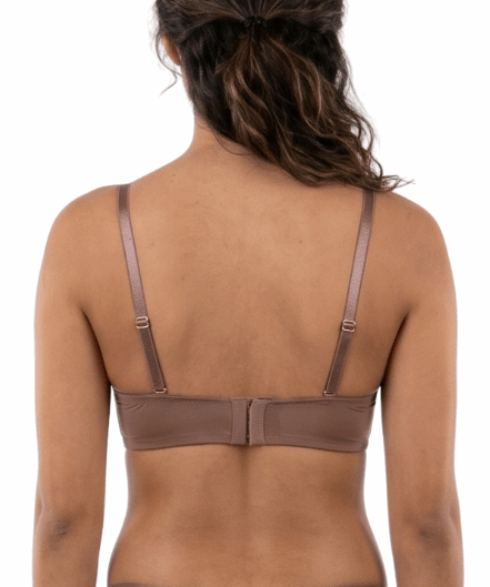 Model wearing a mocha bra on a white background