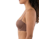 Woman wearing a mocha bra t on a white background