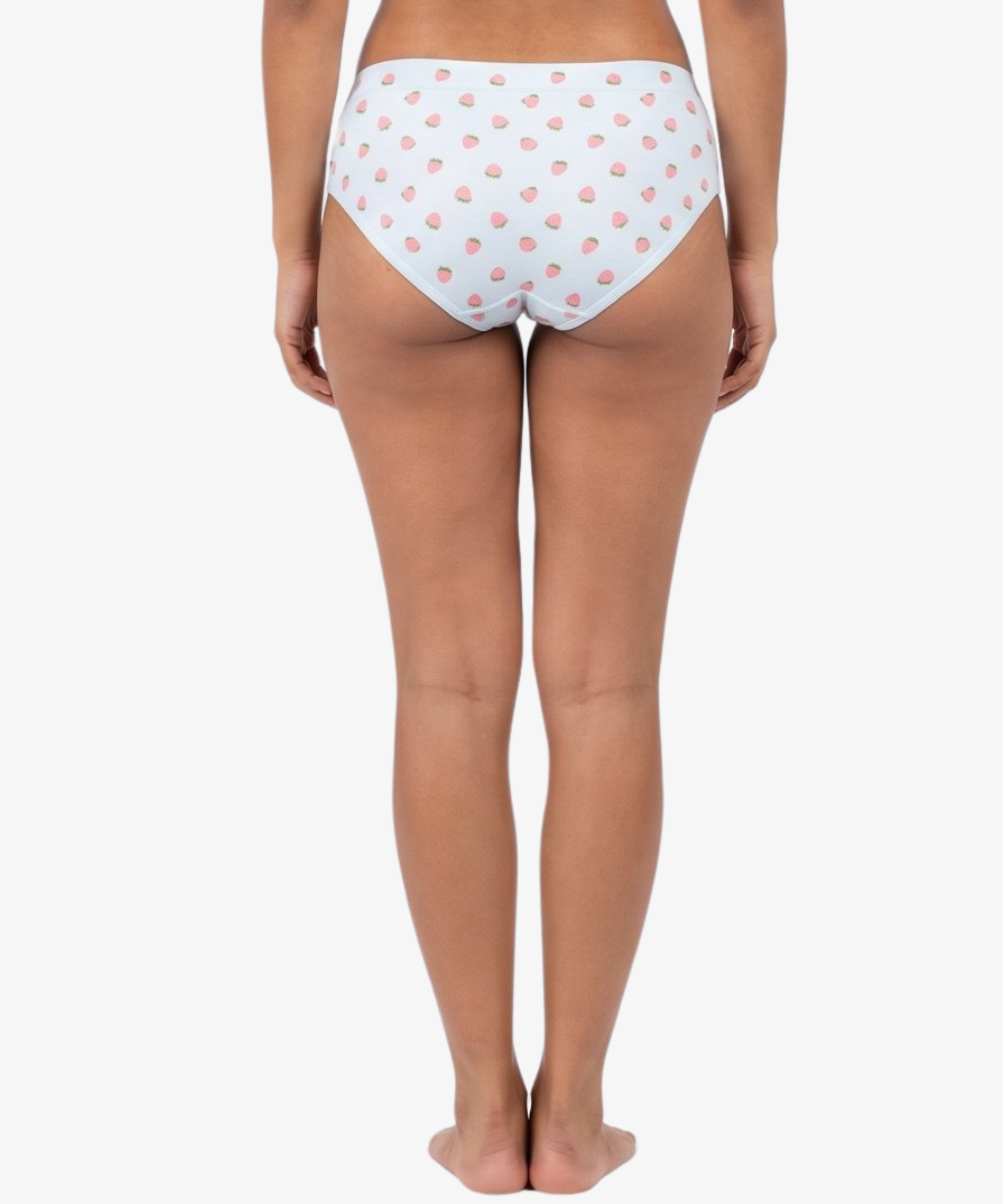 Rear view of a model wearing blue hipster bottoms with a pink strawberry pattern, set against a plain light gray background.