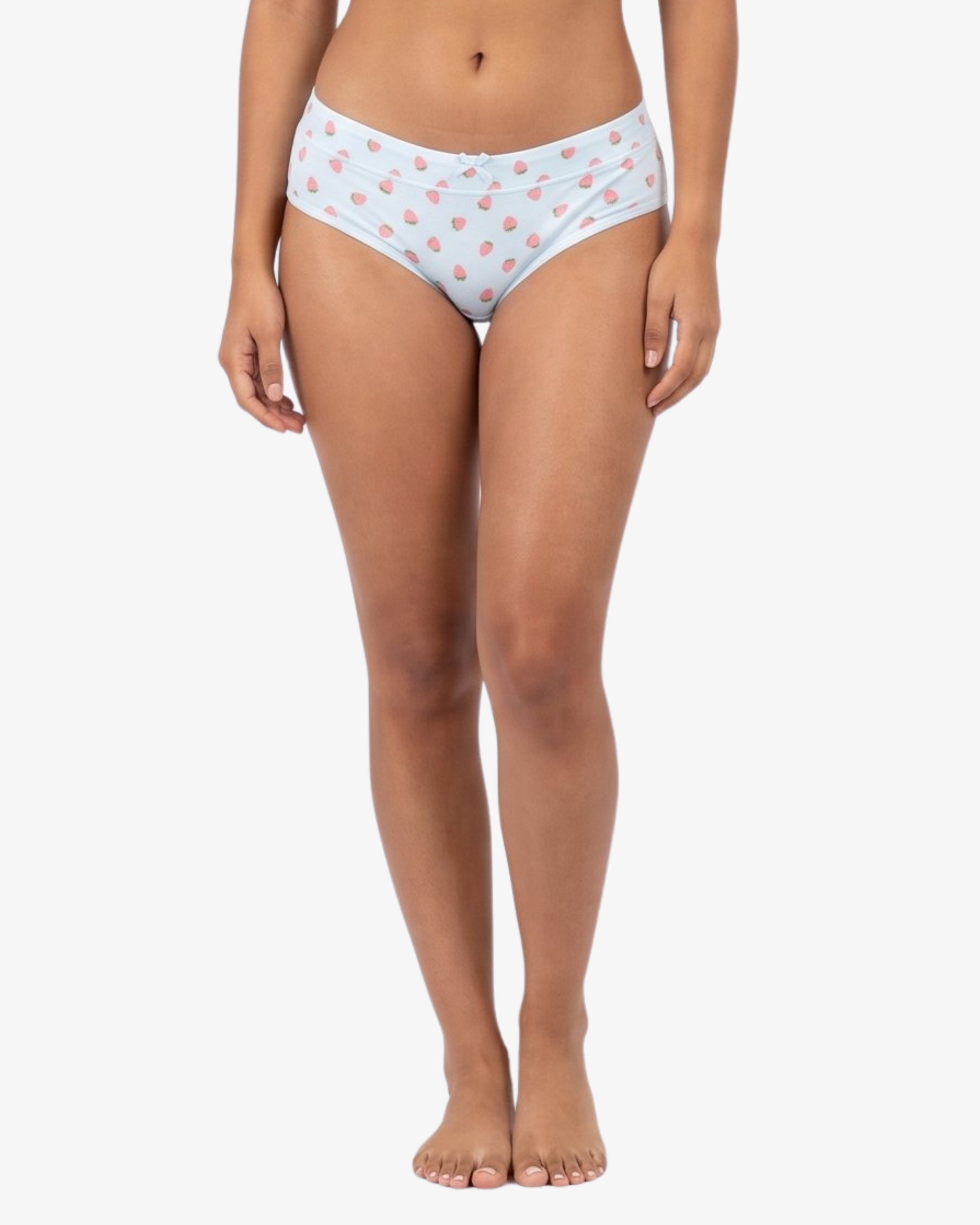 A model wearing blue bikini bottoms with a pink strawberry pattern, shown from the waist down against a light gray background.