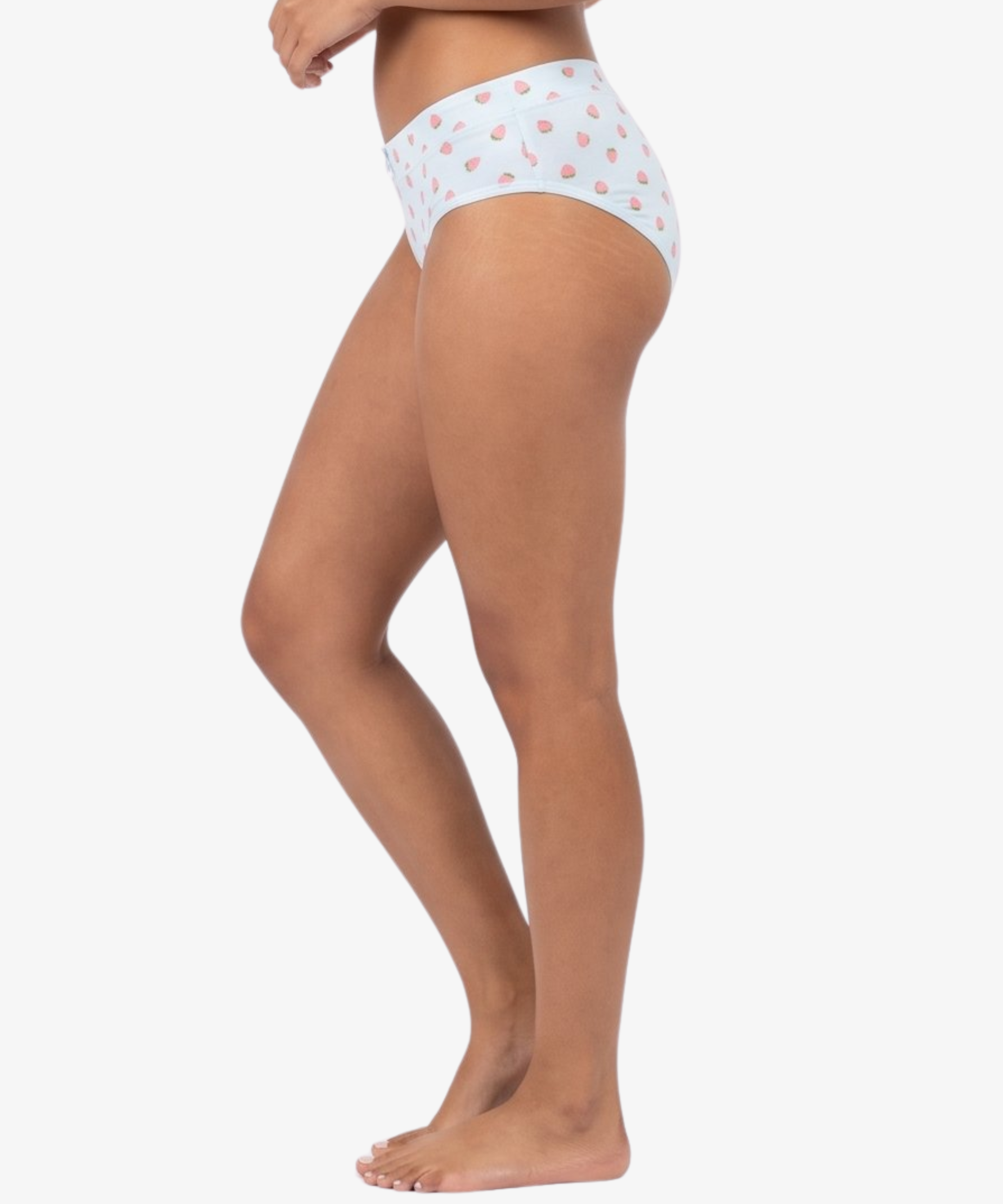 Side view of a model wearing blue high-waisted briefs with a small pink strawberry pattern, shown against a plain light gray background.