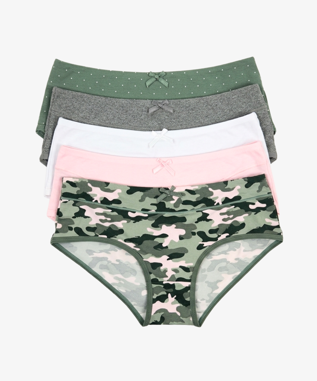 A stack of five women's briefs in various patterns and colors, including green with white polka dots, gray, white, light pink, and a green and pink camouflage print, arranged neatly on a light gray background.