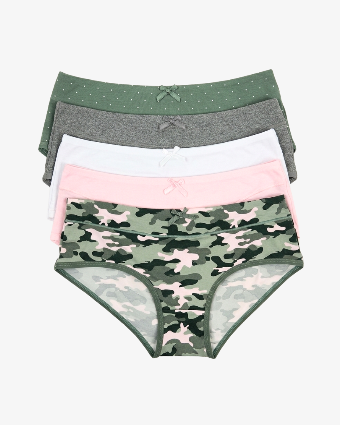 A stack of five women's briefs in various patterns and colors, including green with white polka dots, gray, white, light pink, and a green and pink camouflage print, arranged neatly on a light gray background.