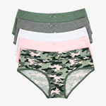 A stack of five women's briefs in various patterns and colors, including green with white polka dots, gray, white, light pink, and a green and pink camouflage print, arranged neatly on a light gray background.