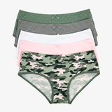 A stack of five women's briefs in various patterns and colors, including green with white polka dots, gray, white, light pink, and a green and pink camouflage print, arranged neatly on a light gray background.