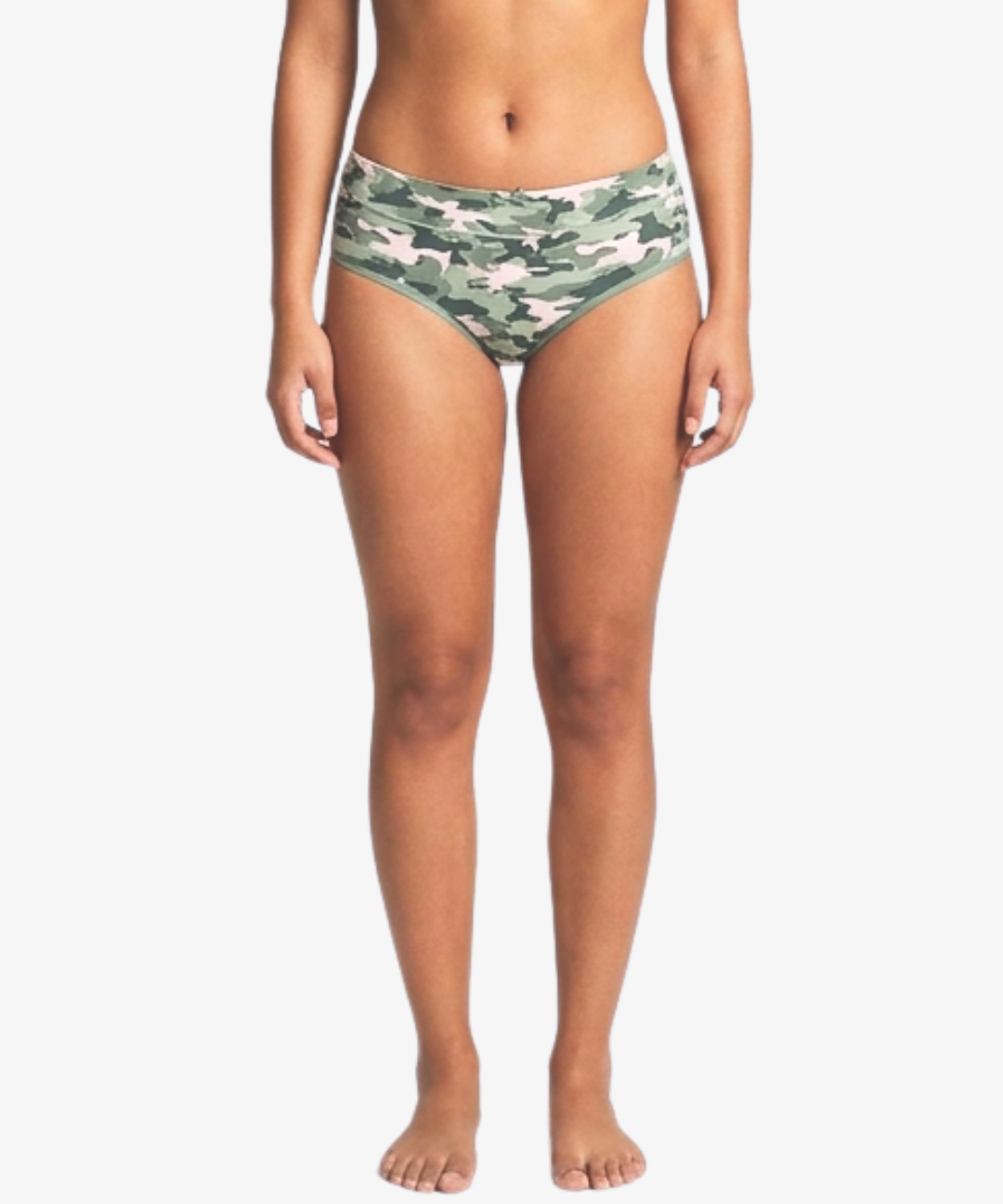 A model wearing camouflage hipster bottoms, shown from the waist down against a plain white background.