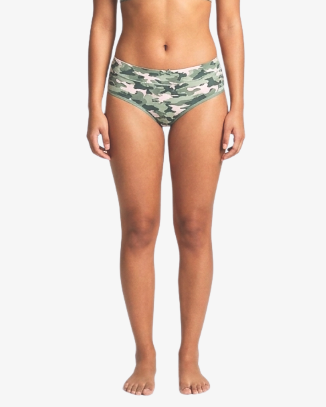 A model wearing camouflage hipster bottoms, shown from the waist down against a plain white background.