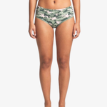 A model wearing camouflage hipster bottoms, shown from the waist down against a plain white background.