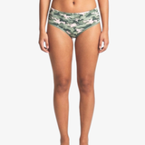 A model wearing camouflage hipster bottoms, shown from the waist down against a plain white background.