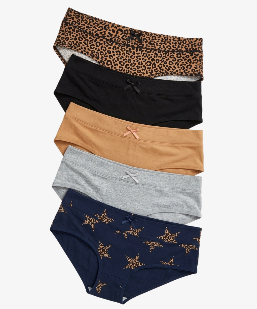 Five pairs of women's underwear stacked vertically on a light gray background. The styles include a leopard print, solid black, solid tan, solid heather gray, and navy blue with small gold star prints.