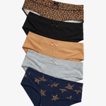 Five pairs of women's underwear stacked vertically on a light gray background. The styles include a leopard print, solid black, solid tan, solid heather gray, and navy blue with small gold star prints.