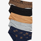 Five pairs of women's underwear stacked vertically on a light gray background. The styles include a leopard print, solid black, solid tan, solid heather gray, and navy blue with small gold star prints.