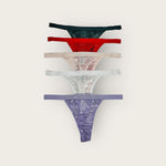 Five pairs of women's underwear in various colors on a white background
