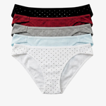A set of five women's ribbed bikini briefs stacked vertically, featuring black, red, gray, light blue, and white colors, with some items decorated with small polka dots, on a light gray background.