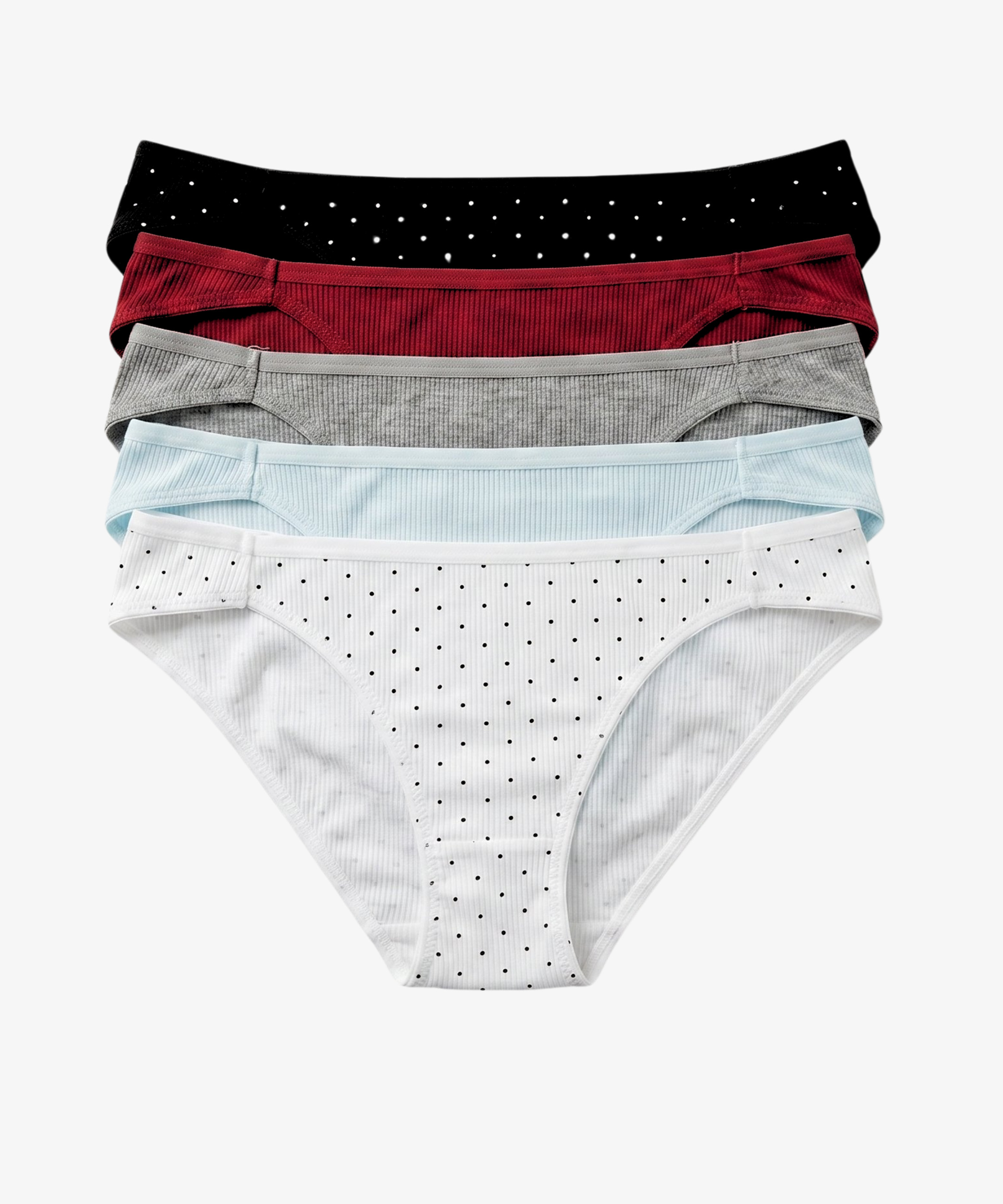 A set of five women's ribbed bikini briefs stacked vertically, featuring black, red, gray, light blue, and white colors, with some items decorated with small polka dots, on a light gray background.