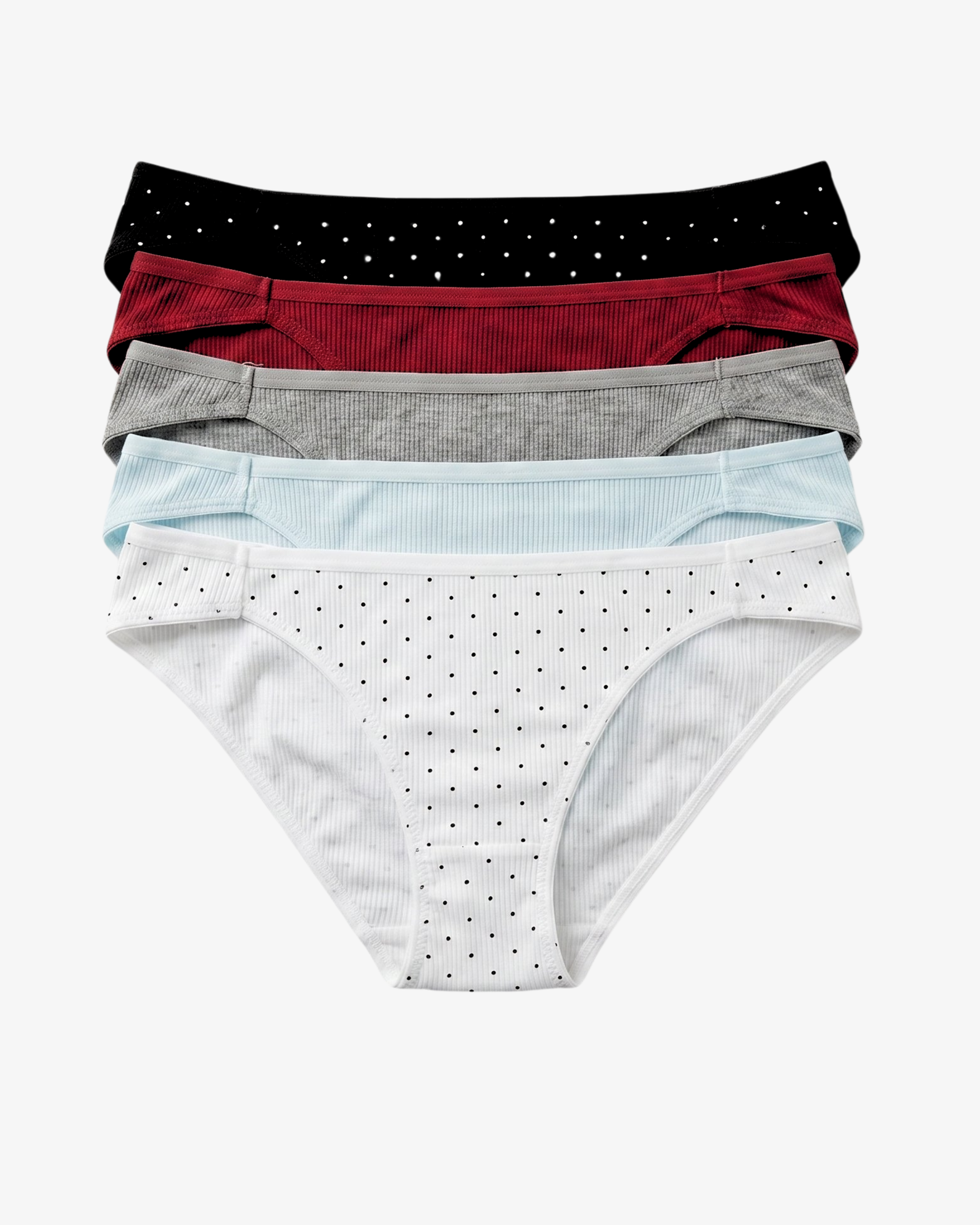 A set of five women's ribbed bikini briefs stacked vertically, featuring black, red, gray, light blue, and white colors, with some items decorated with small polka dots, on a light gray background.