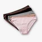 A stack of five women's bikini bottoms in different colors, each with small polka dots, arranged diagonally on a light gray background.