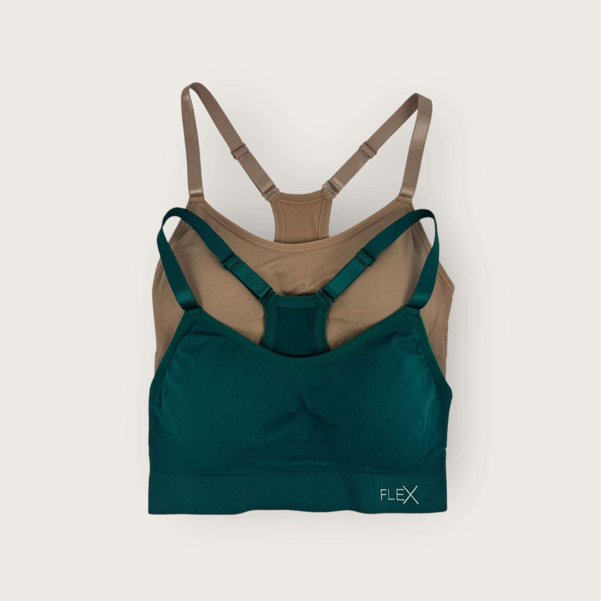 Green and brown sports bra with 'FLEX' branding on a beige background
