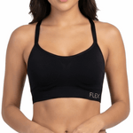 Woman wearing a black sports bra with 'Flex' branding on a white background